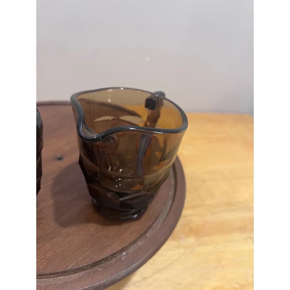 Vtg Viking Smoke Brown Glass Georgian Sugar Bowl Lid Creamer Set MCM Faceted
